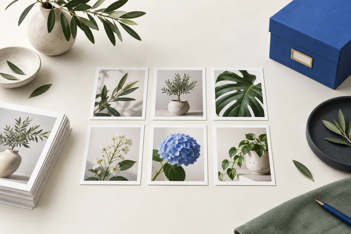 Six botanical prints arranged in a grid beside a blue archive box.
