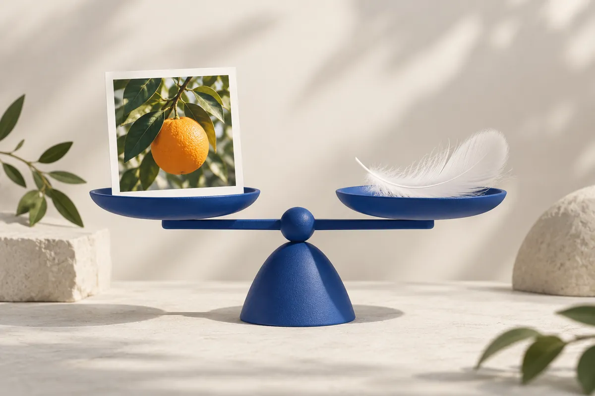 A botanical photograph and a feather on a blue balance: a metaphor for lighter files.